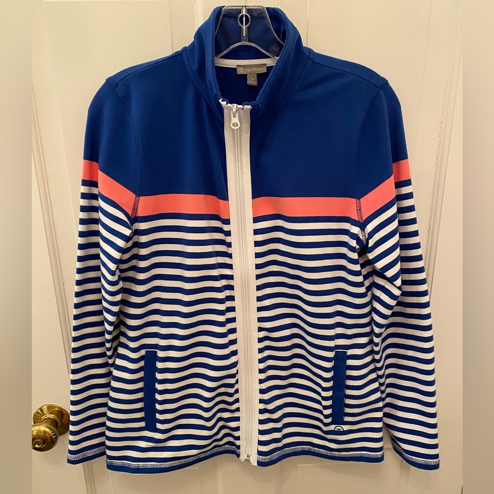 “T” by Talbots Casual Blue/White Stripe Jacket with Coral Stripe • 🎉Host Pick🎉